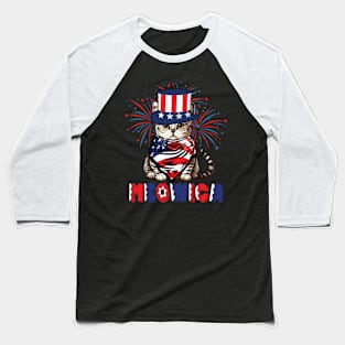 Funny 4th Of july Cute Meowica Cat For Women Men Kids Teen Baseball T-Shirt